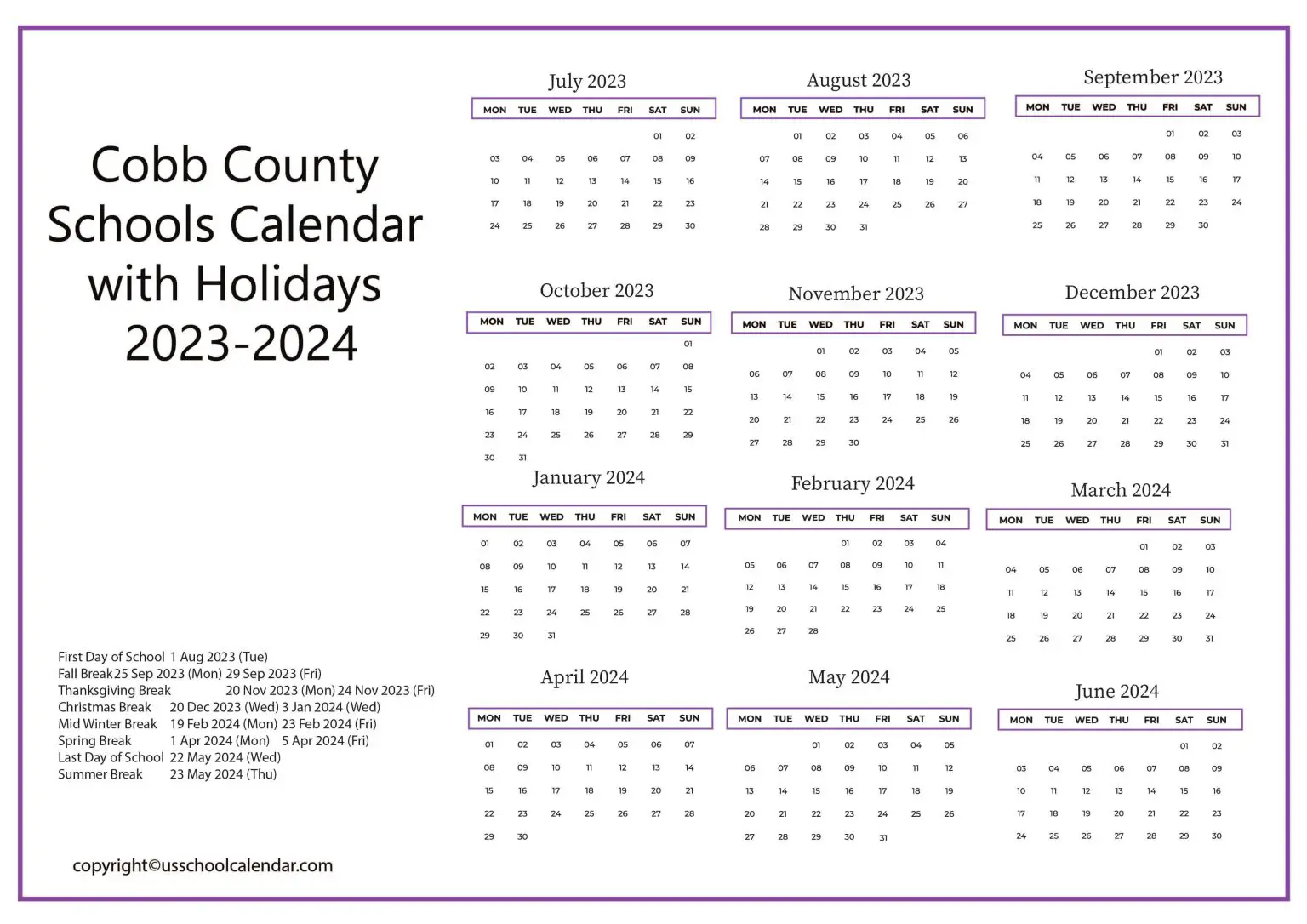 Cobb County Schools Calendar with Holidays 20232024