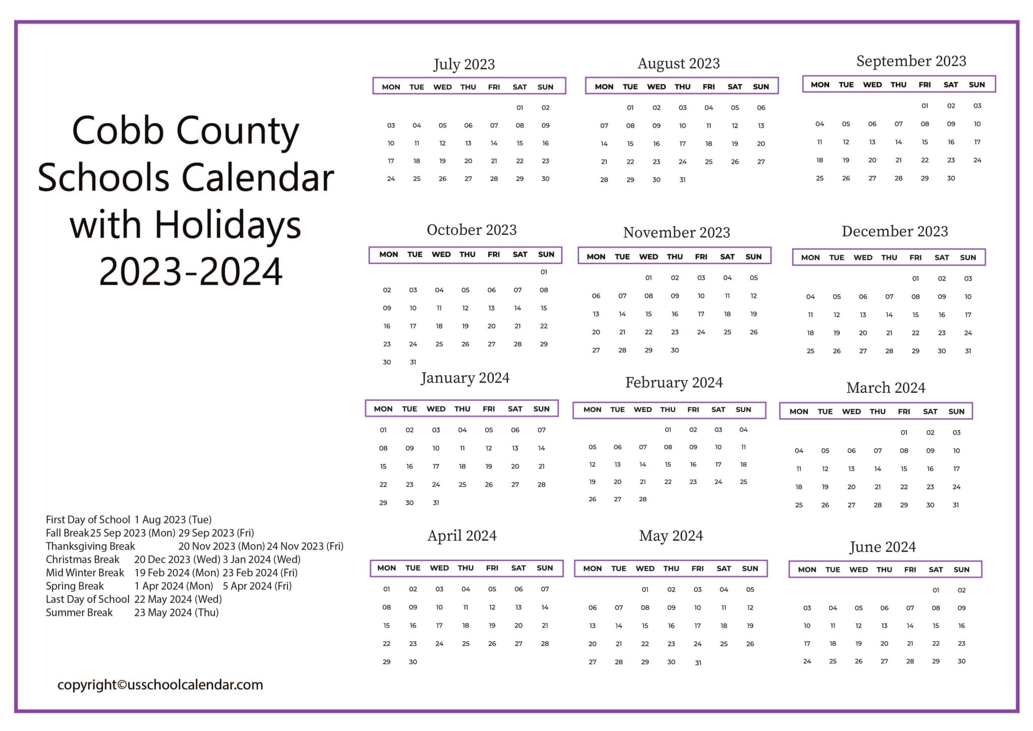 Cobb County Schools Calendar with Holidays 20232024