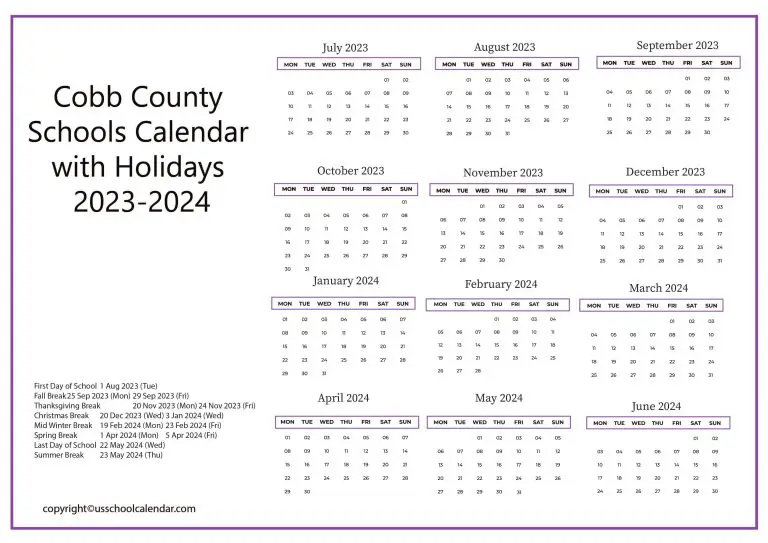 Cobb County Schools Calendar with Holidays 20232024