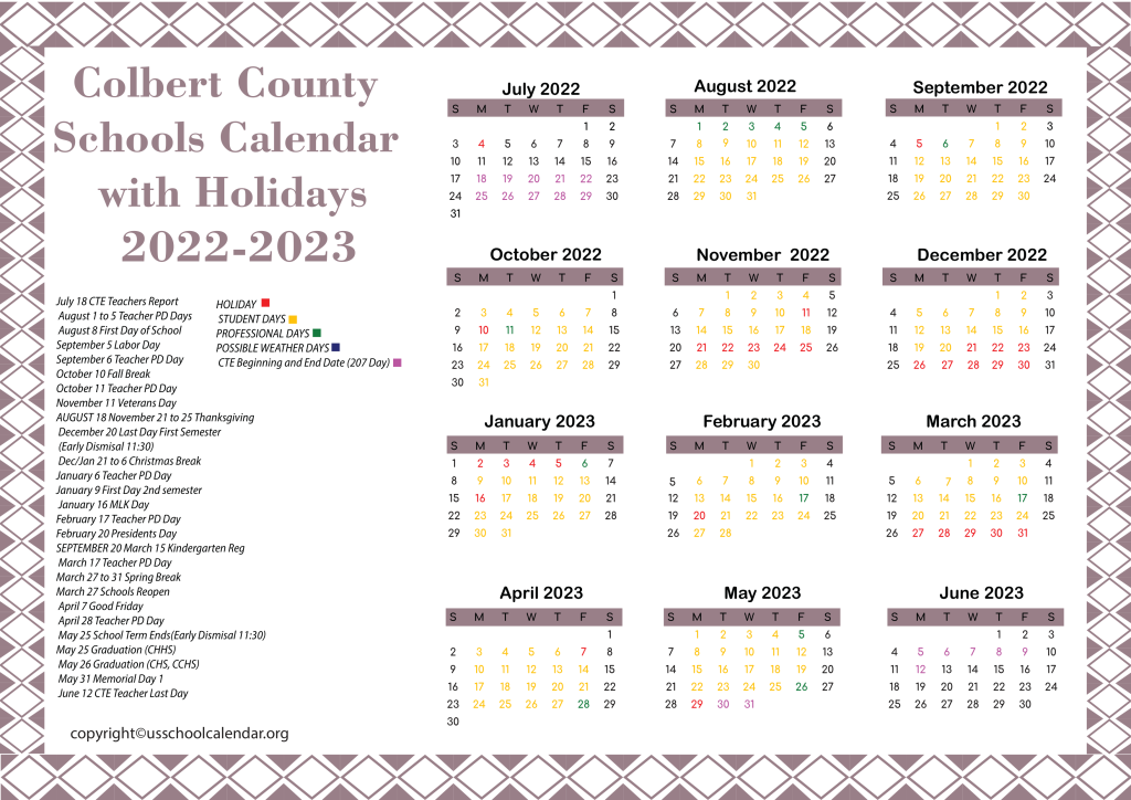 Colbert County Schools Calendar with Holidays 2022-2023