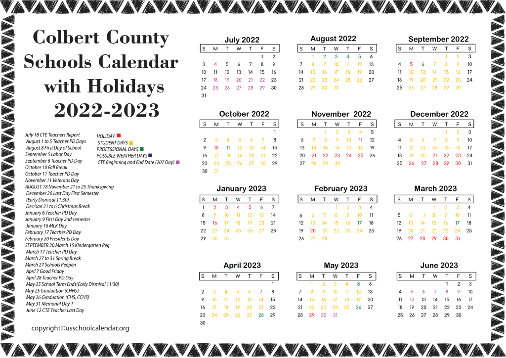 Colbert County Schools Calendar with Holidays 2022-2023 2