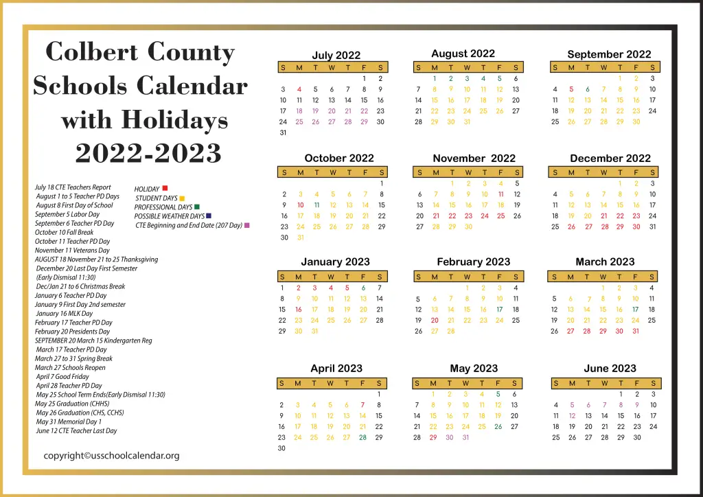 Colbert County Schools Calendar with Holidays 2022-2023 3