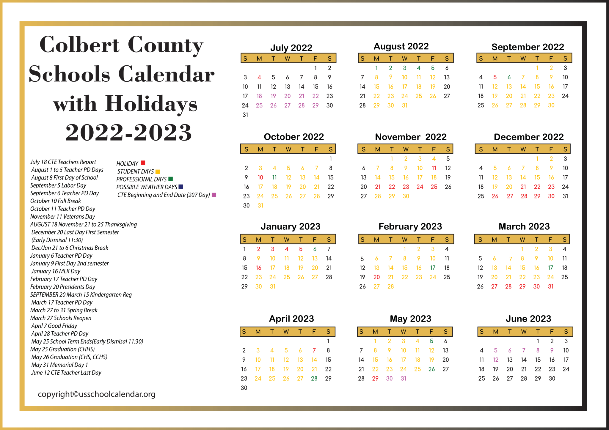 Colbert County Schools Calendar with Holidays 2023