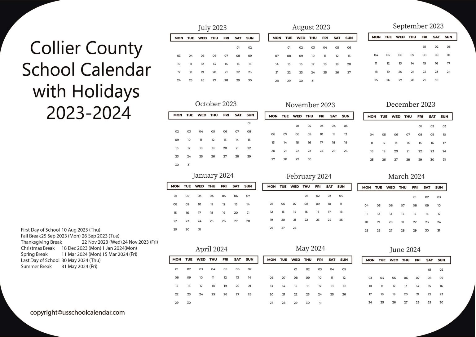 Collier County School Calendar with Holidays 20232024
