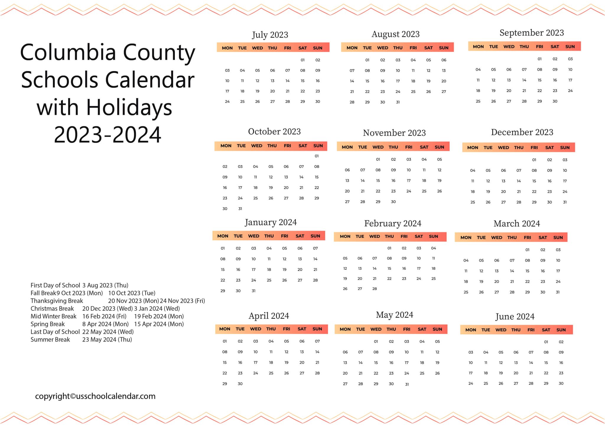 Columbia County Schools Calendar with Holidays 20232024