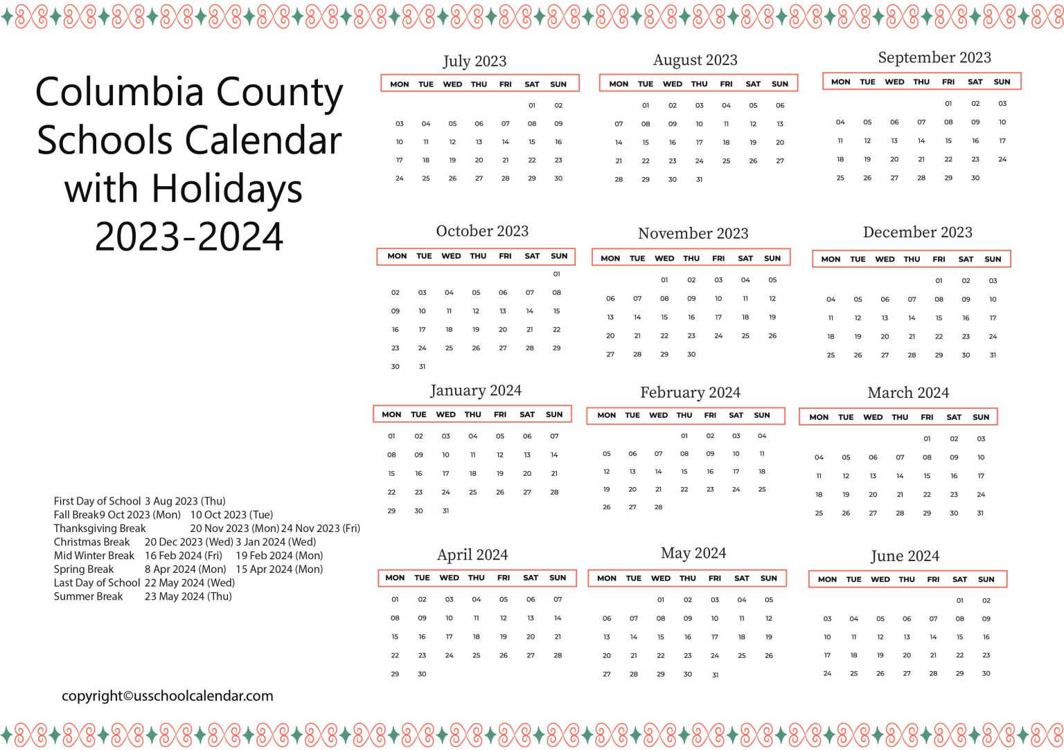 Columbia County Schools Calendar with Holidays 20232024