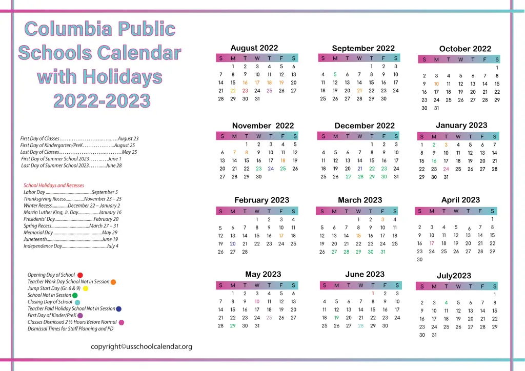 Columbia Public Schools Calendar with Holidays 2022-2023 2