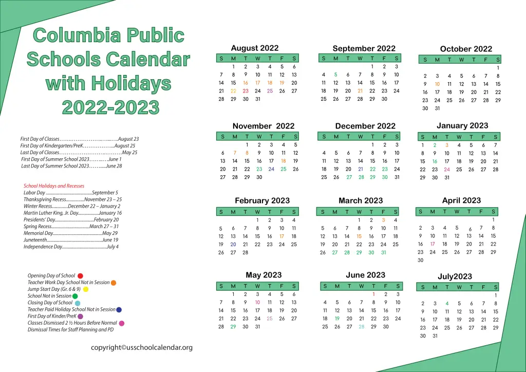 Columbia Public Schools Calendar with Holidays 2022-2023 3