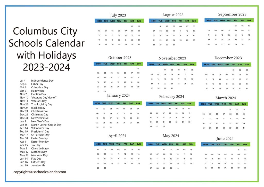 Columbus Public Schools District Calendar