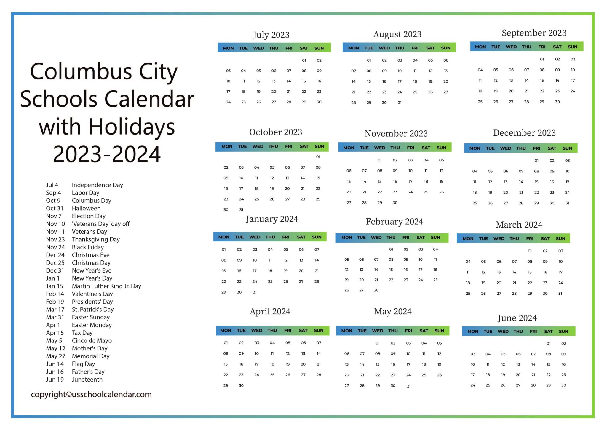 Columbus City Schools Calendar with Holidays 20232024