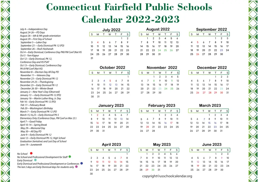 Connecticut Fairfield Public Schools Calendar 2022-2023