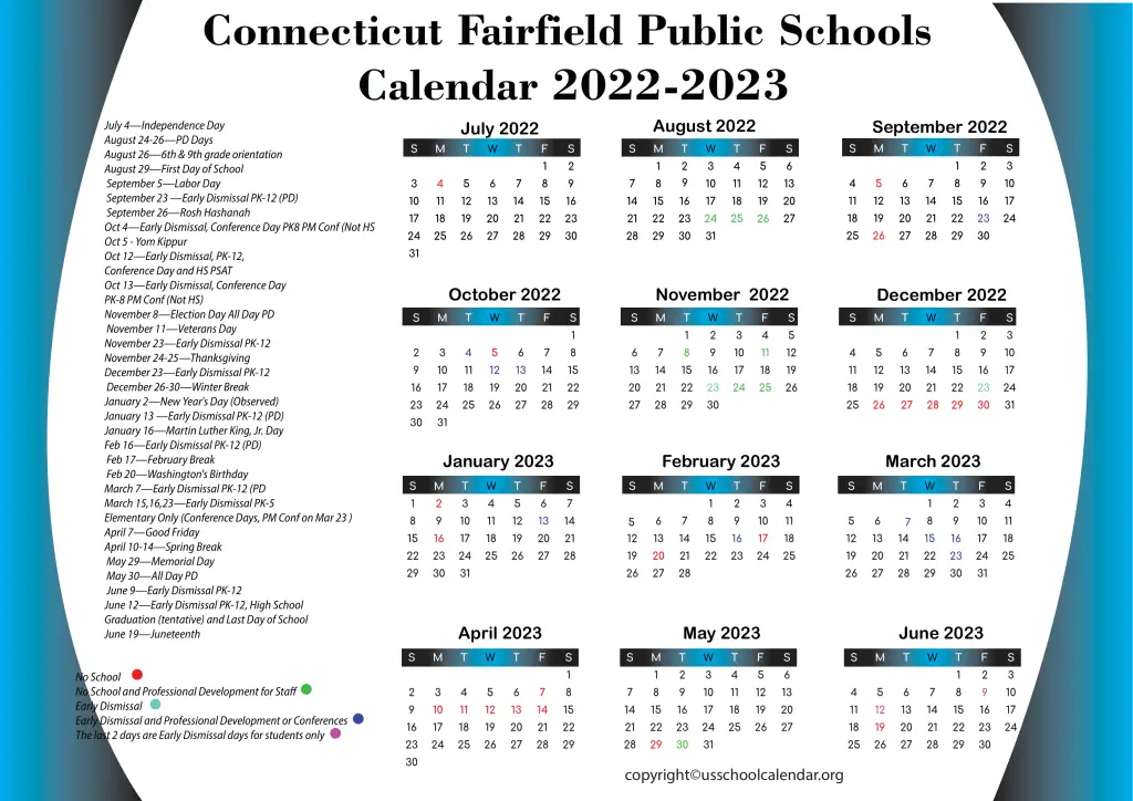 Connecticut Fairfield Public Schools Calendar 2022-2023 2