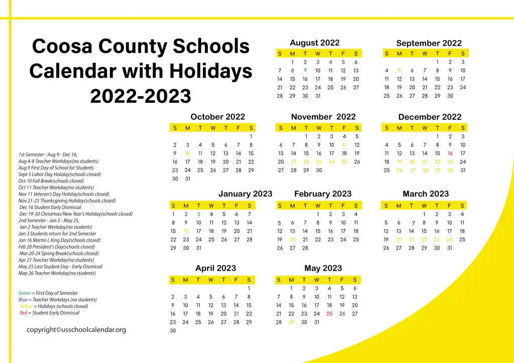 Coosa County Schools Calendar with Holidays 2022-2023