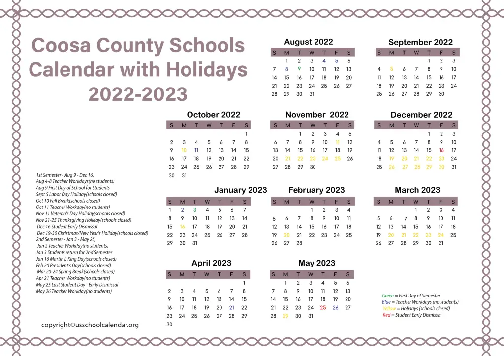 Coosa County Schools Calendar with Holidays 2022-2023 2