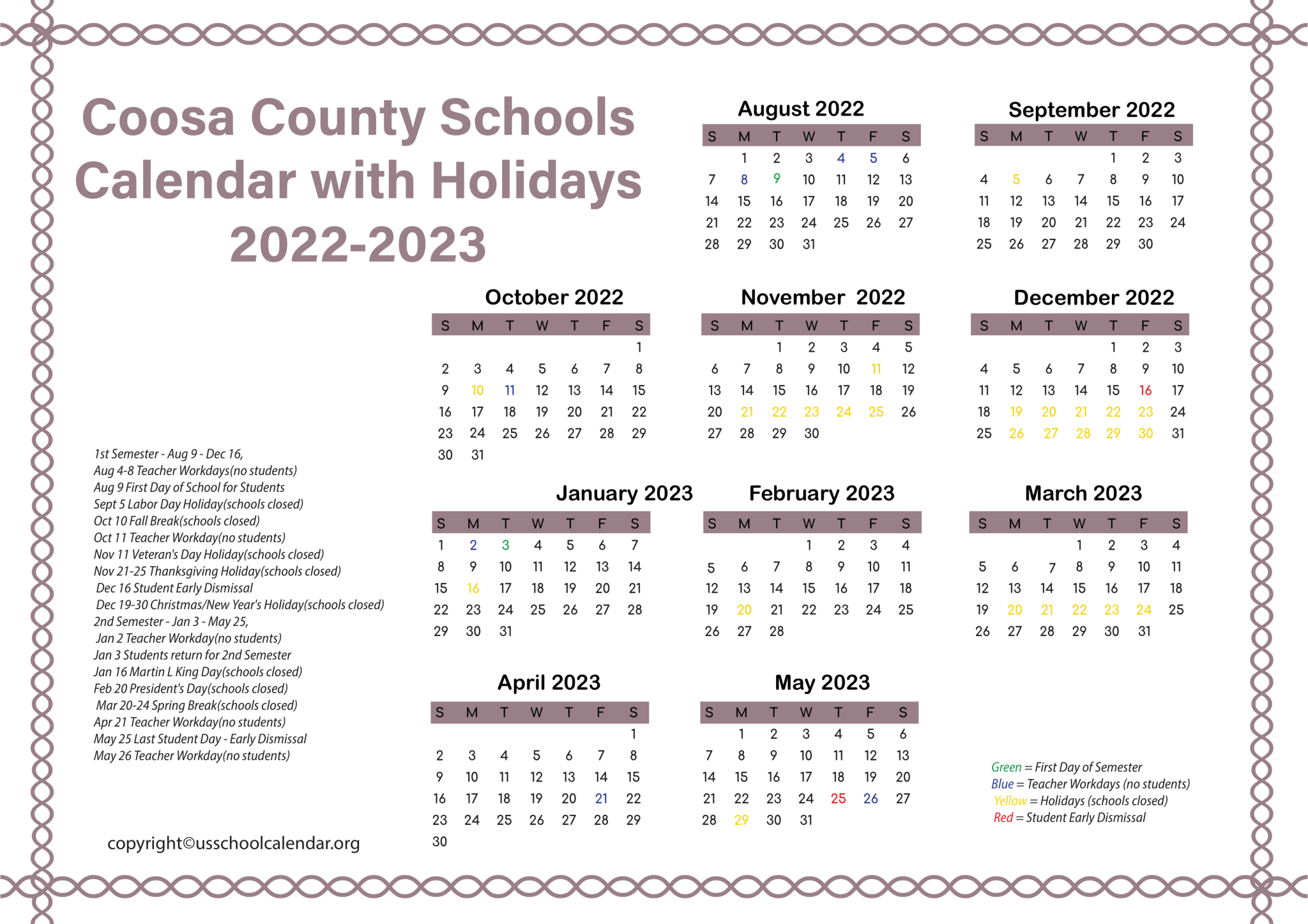 Coosa County Schools Calendar with Holidays 2023