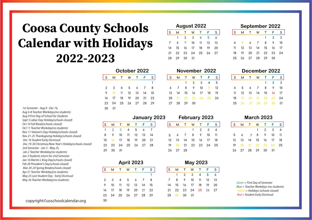 Coosa County Schools Calendar with Holidays 2022-2023 3