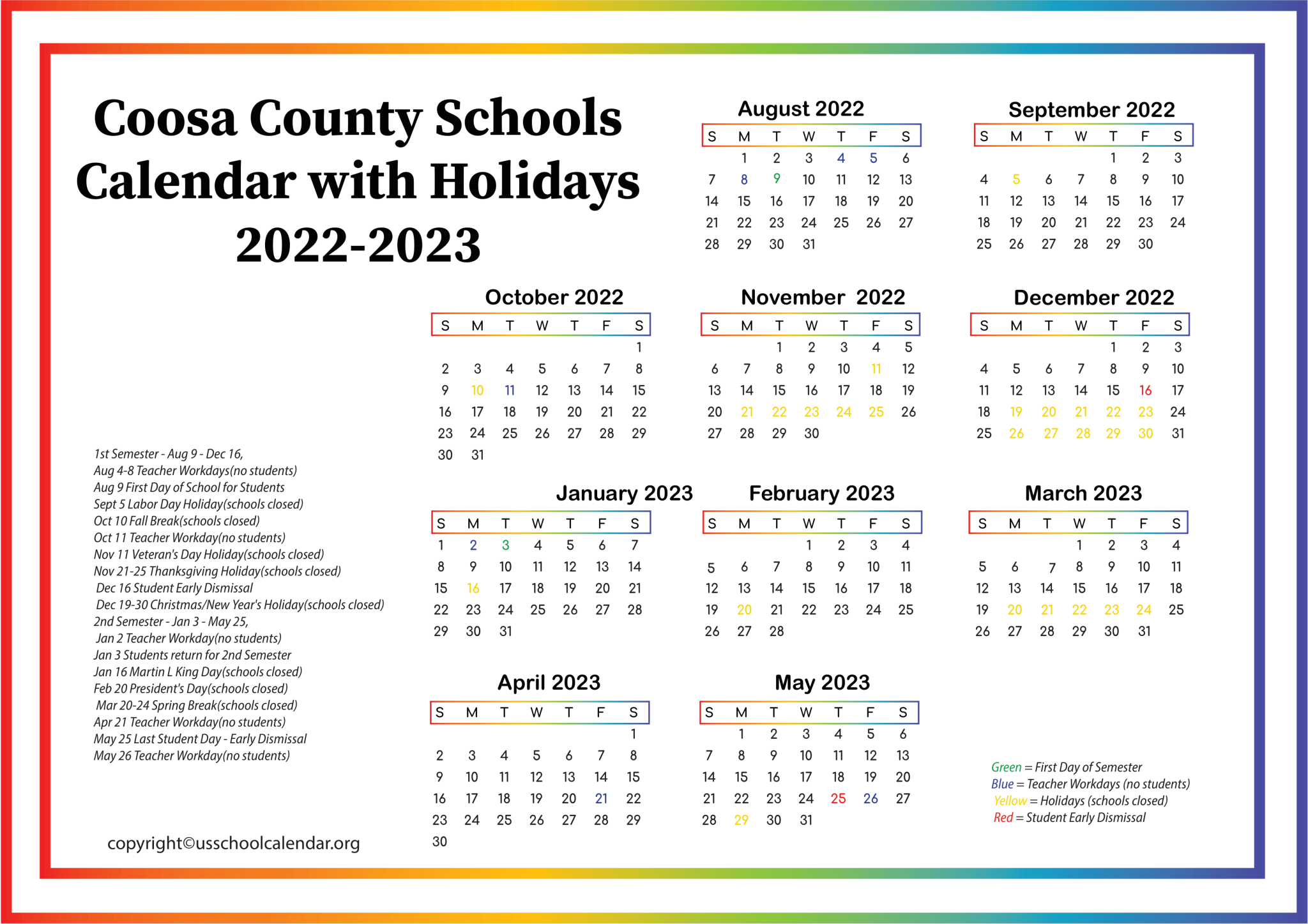 Coosa County Schools Calendar with Holidays 2023