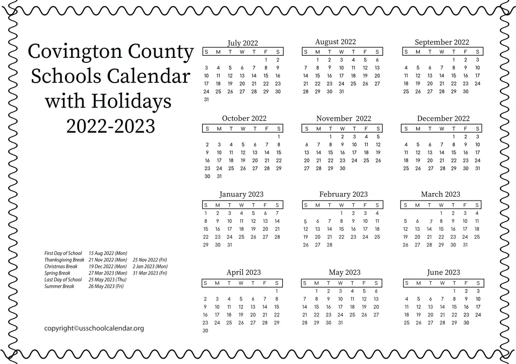 Covington County Schools Calendar with Holidays 2022-2023