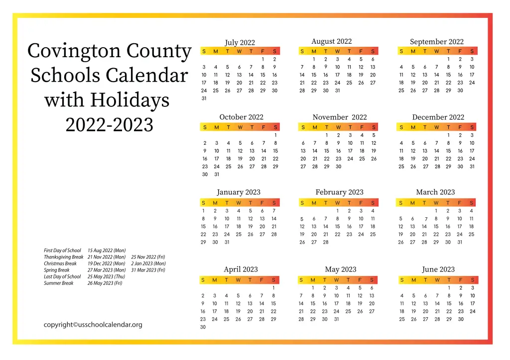 Covington County Schools Calendar with Holidays 2022-2023 2