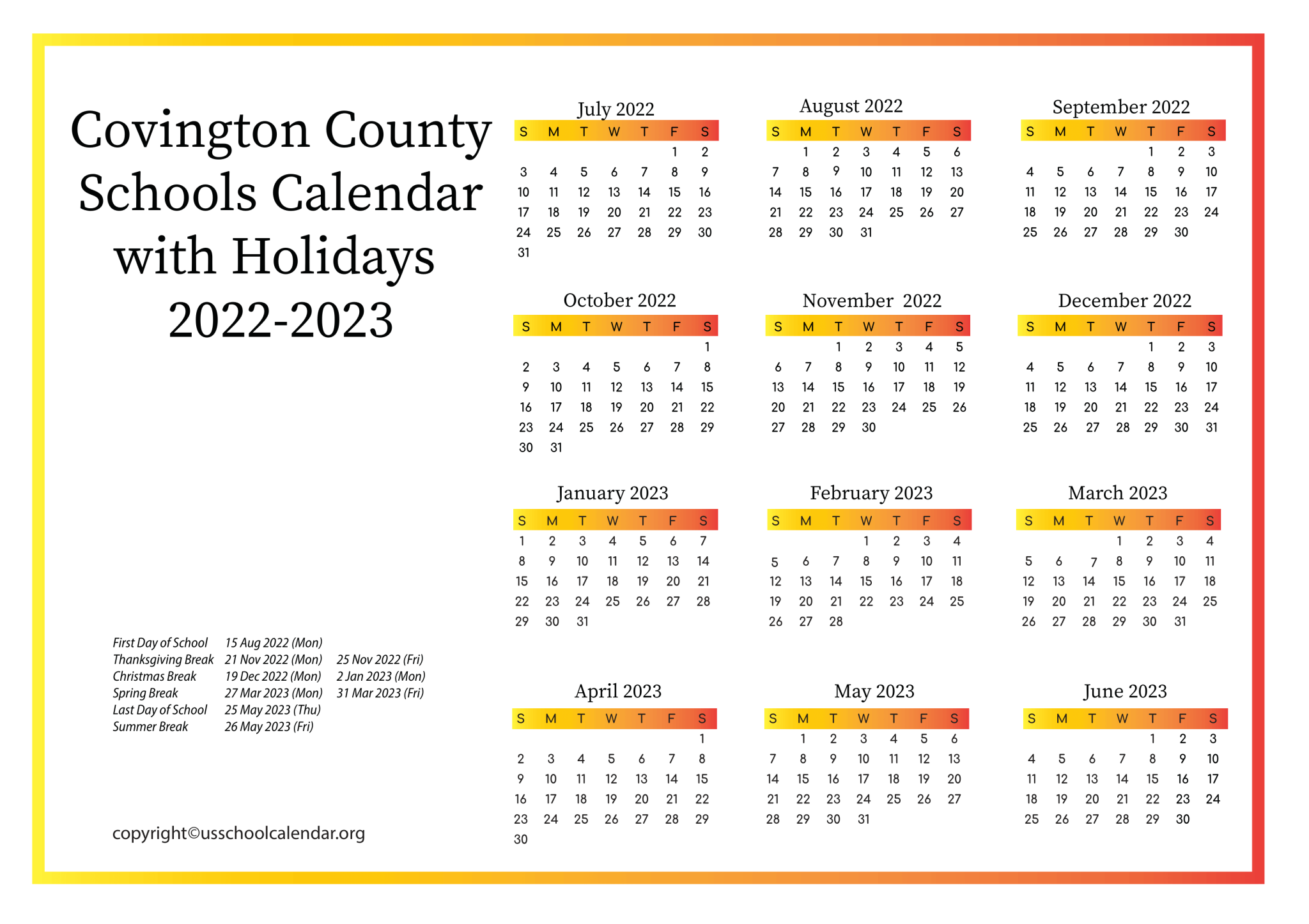 Covington County Schools Calendar with Holidays 2023