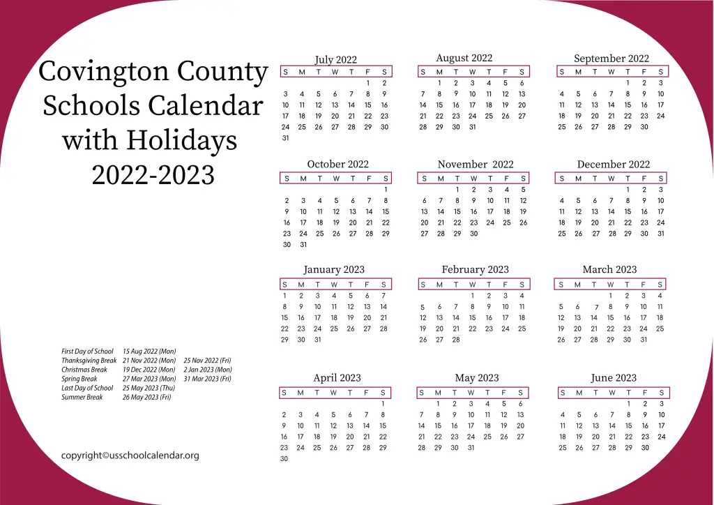 Covington County Schools Calendar with Holidays 2022-2023 3