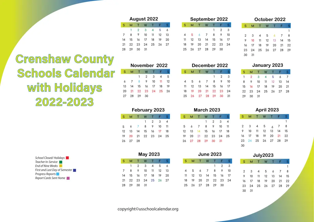 Crenshaw County Schools Calendar with Holidays 2022-2023