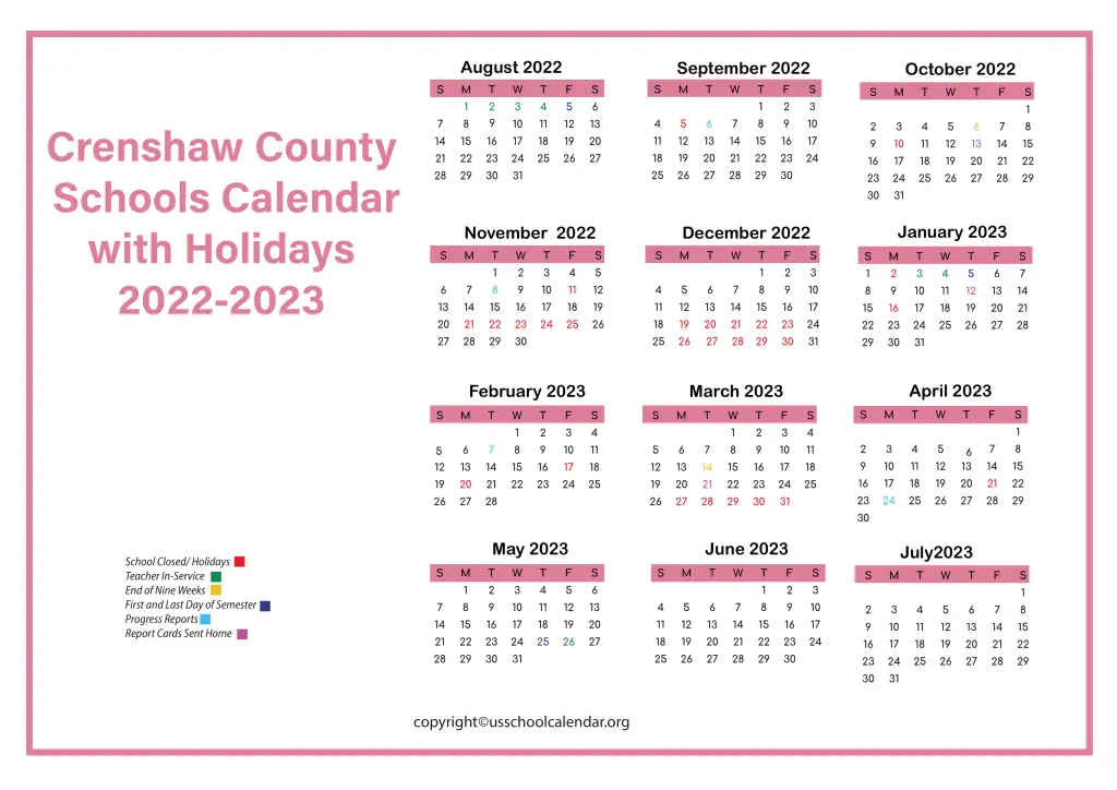 Crenshaw County Schools Calendar with Holidays 2022-2023 2