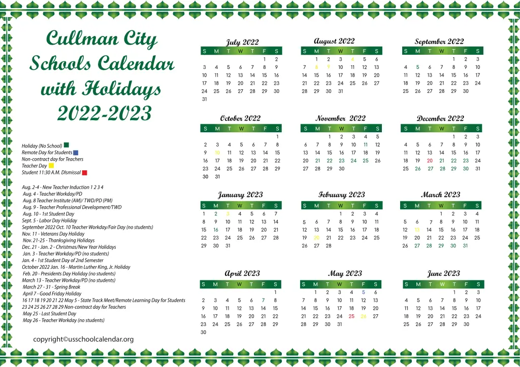 Cullman City Schools Calendar with Holidays 2022-2023