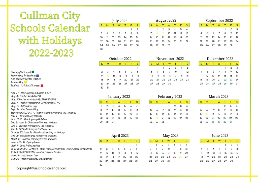 Cullman City Schools Calendar with Holidays 2022-2023 3