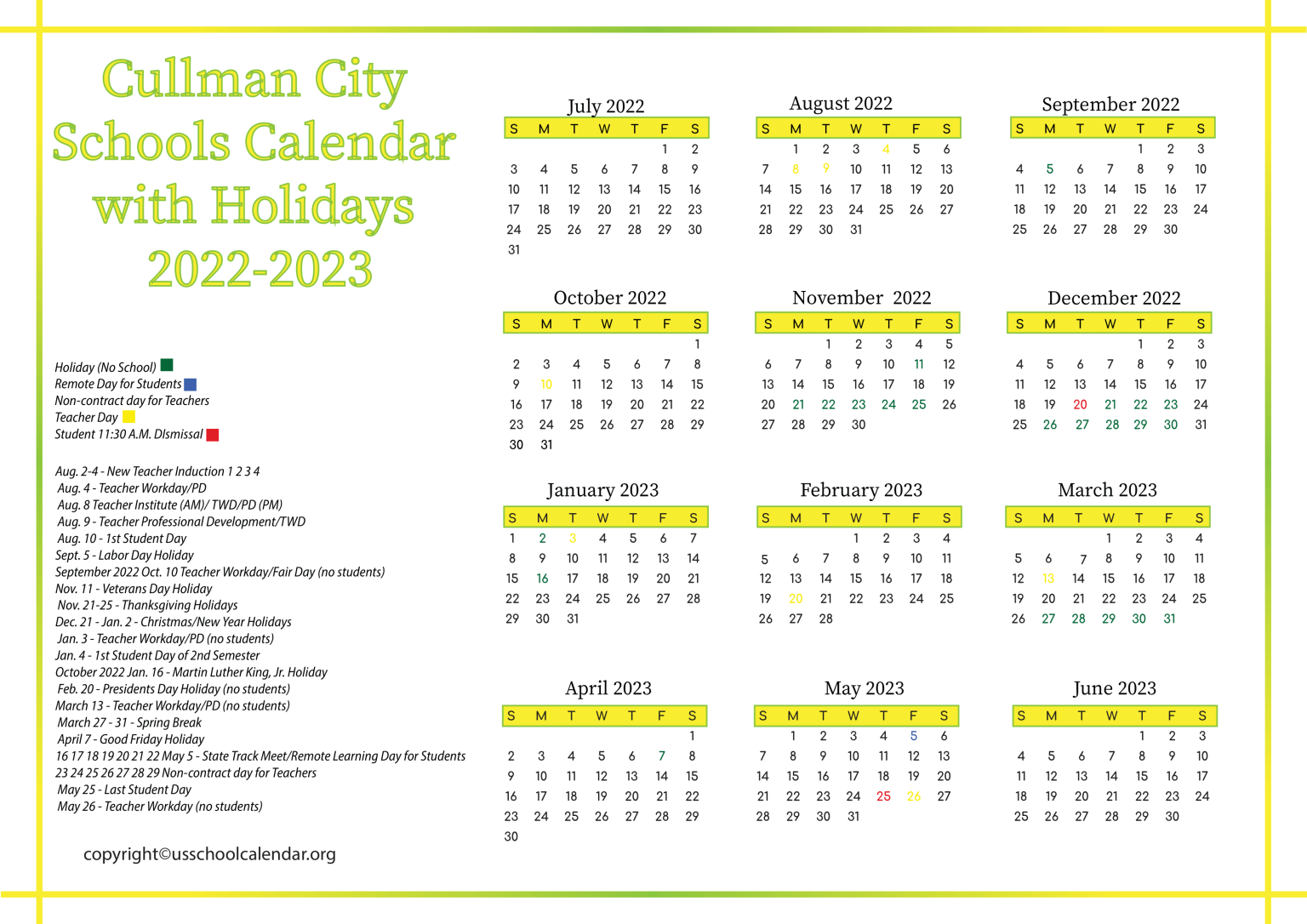 Cullman City Schools Calendar with Holidays 2023