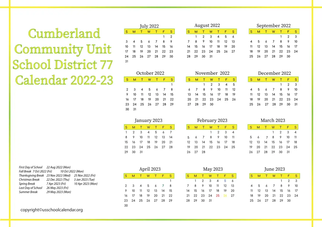 Cumberland Community Unit School District 77 Calendar 2022-23