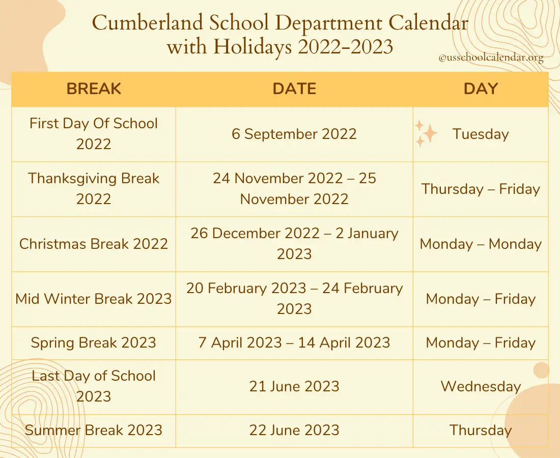 Cumberland School Department Calendar with Holidays 20222023