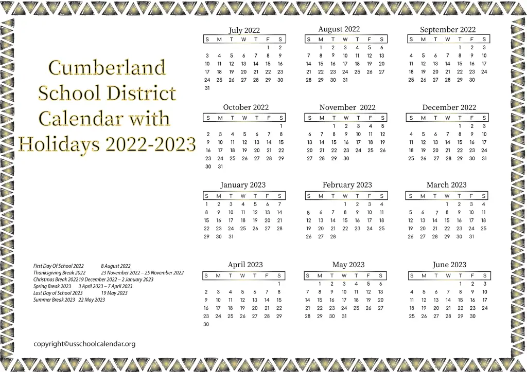 Cumberland School District Calendar with Holidays 2022-2023