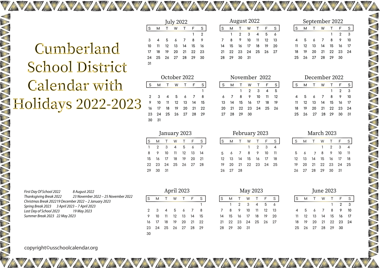 Cumberland School District Calendar with Holidays 2023