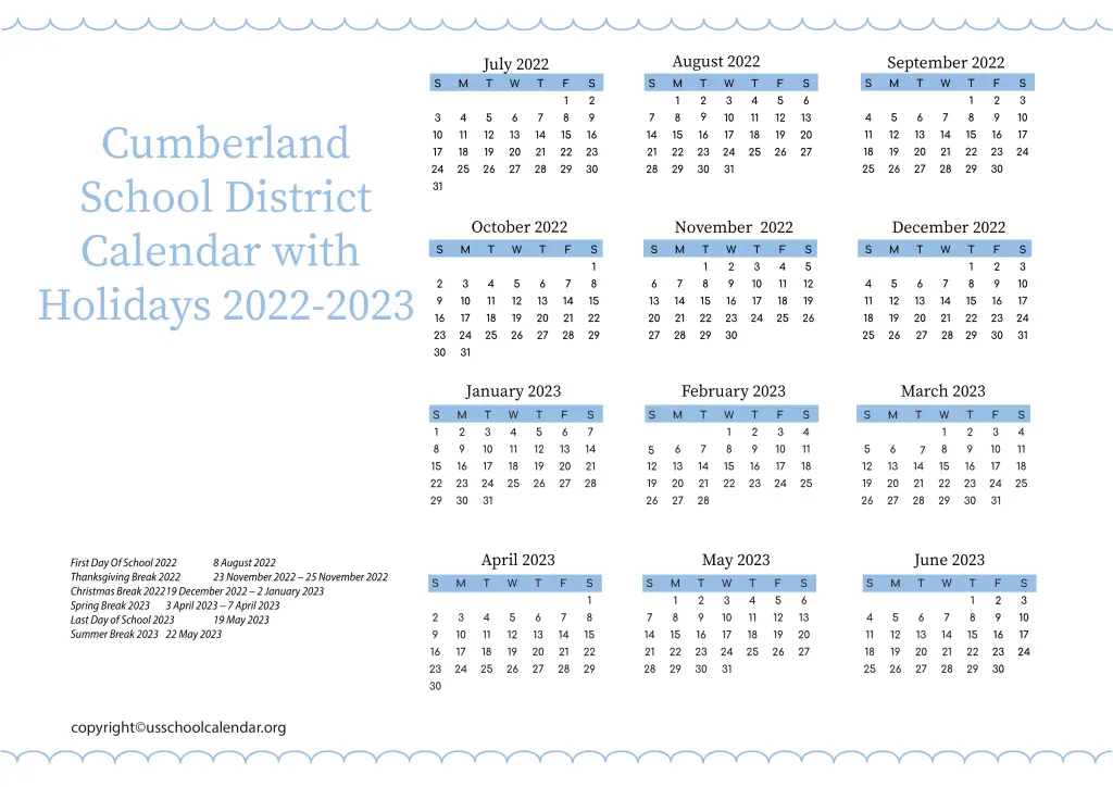 Cumberland School District Calendar with Holidays 2022-2023 2