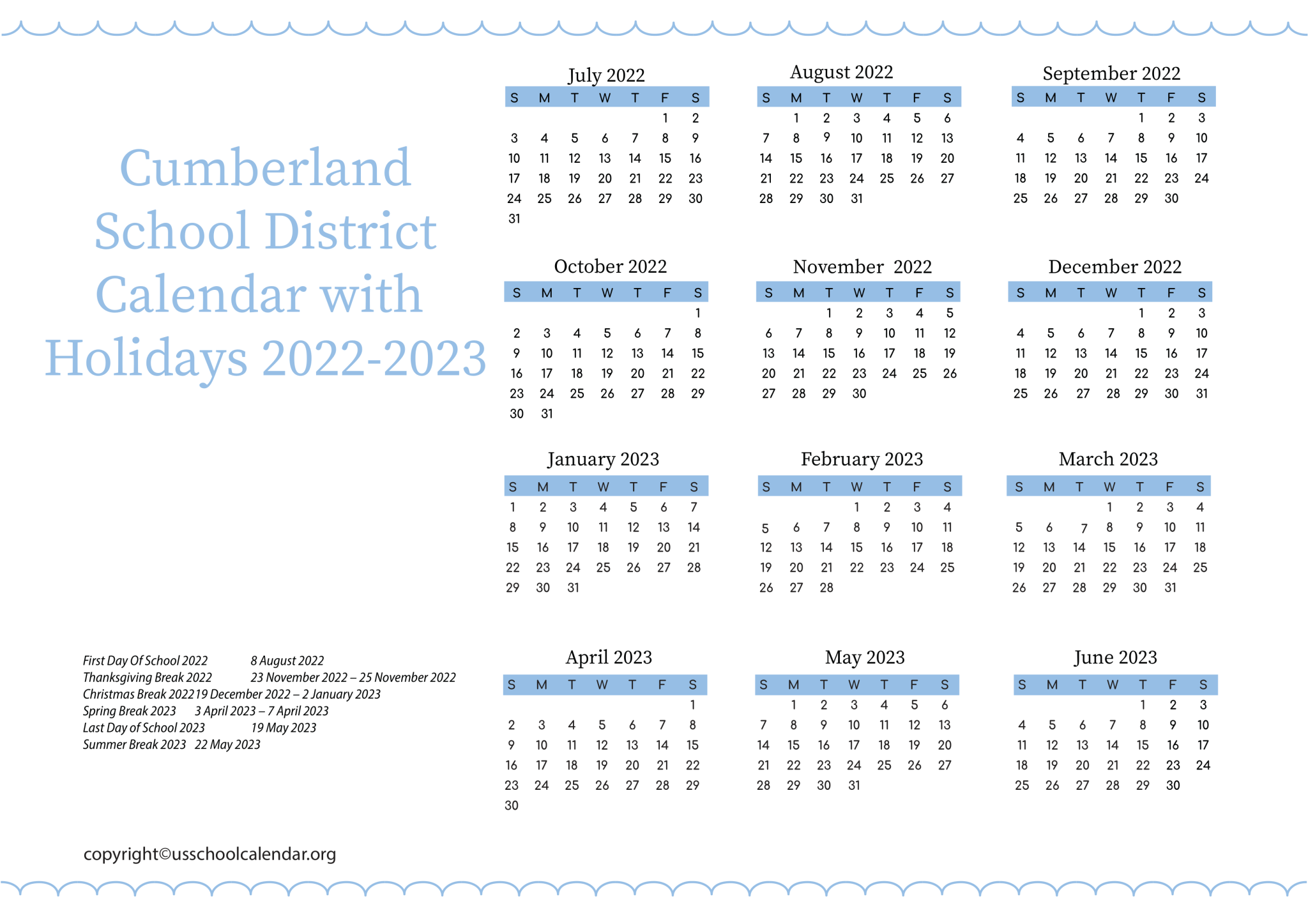 Cumberland School District Calendar with Holidays 2023