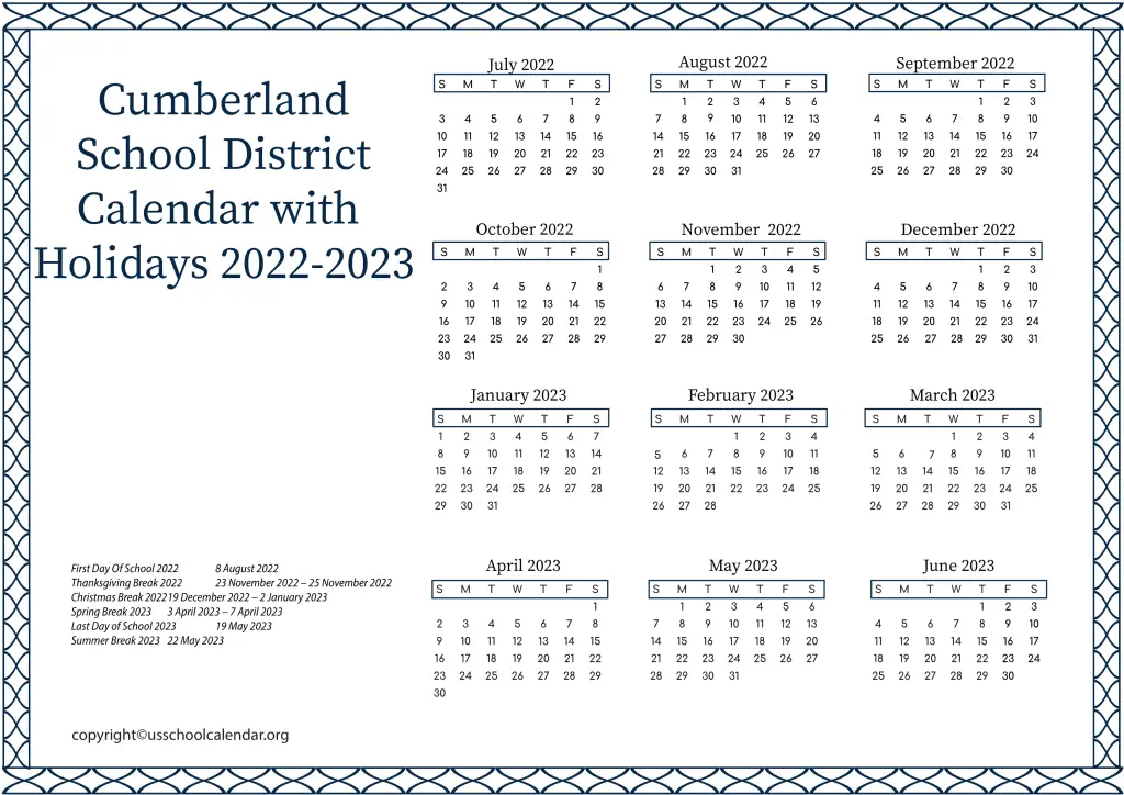Cumberland School District Calendar with Holidays 2022-2023 3