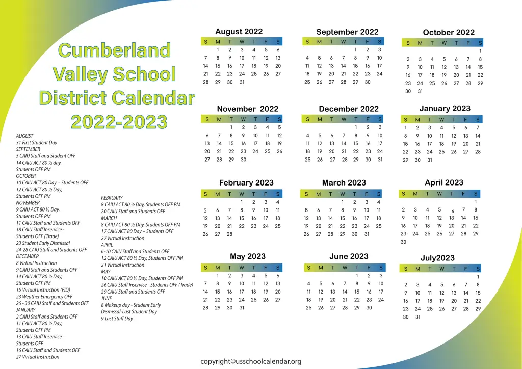 Cumberland Valley School District Calendar 2022-2023