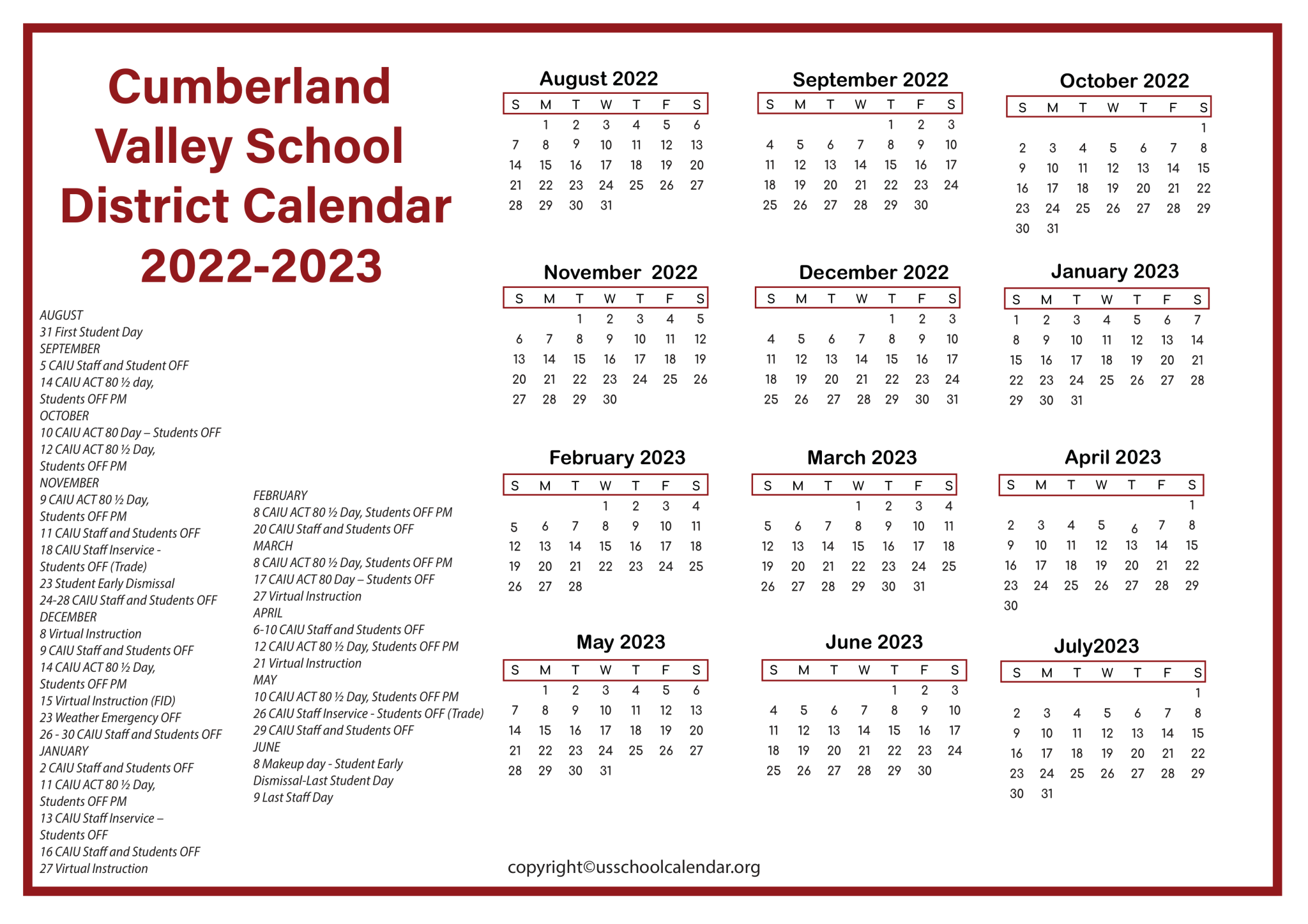 [CV] Cumberland Valley School District Calendar 2023