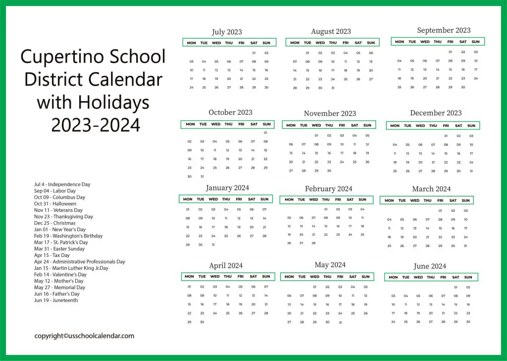 Cupertino District School Calendar