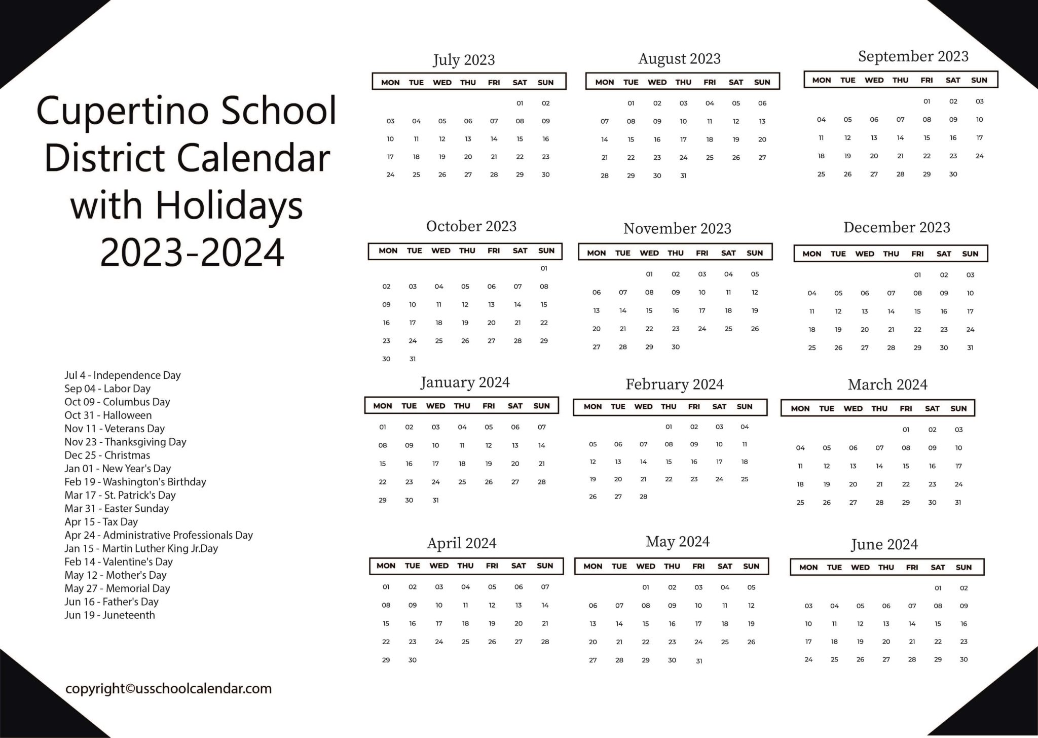 Cupertino School District Calendar with Holidays 20232024