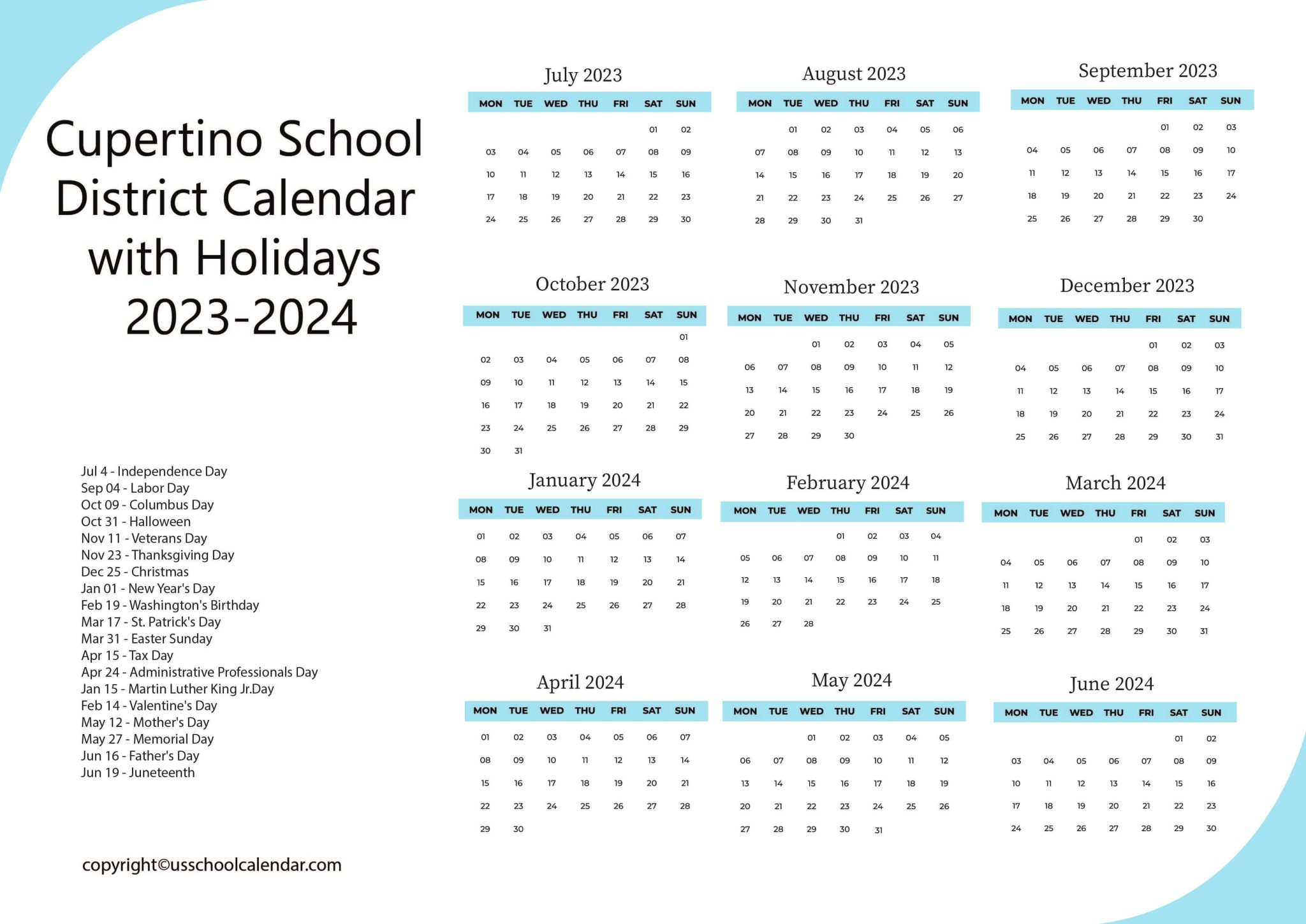 Cupertino School District Calendar with Holidays 20232024