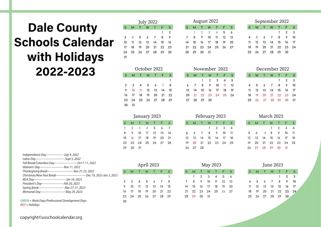 Dale County Schools Calendar with Holidays 2022-2023