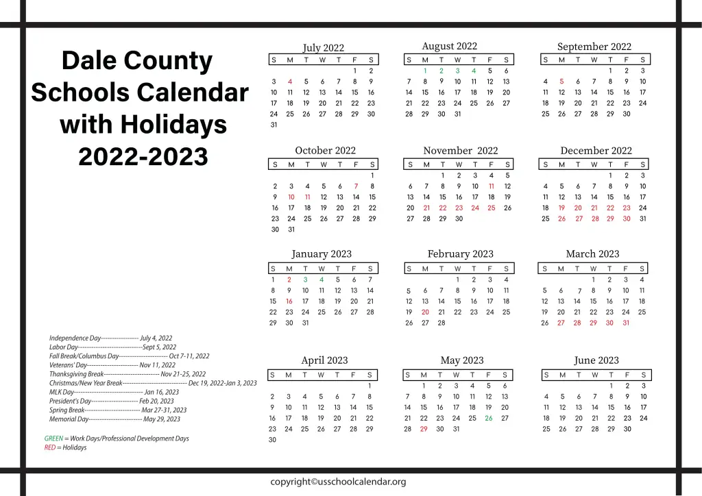 Dale County Schools Calendar with Holidays 2022-2023 2