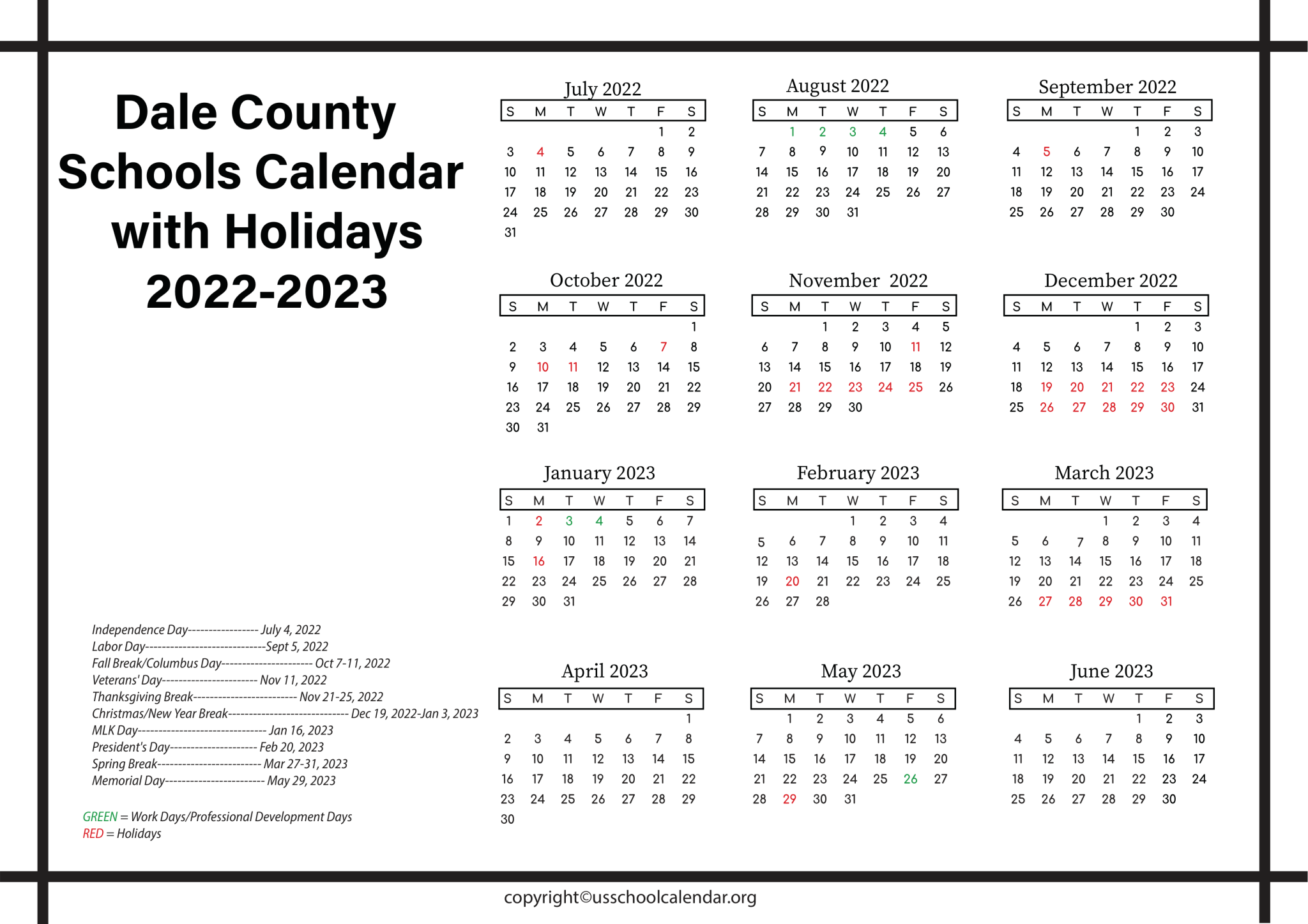 Dale County Schools Calendar with Holidays 2023