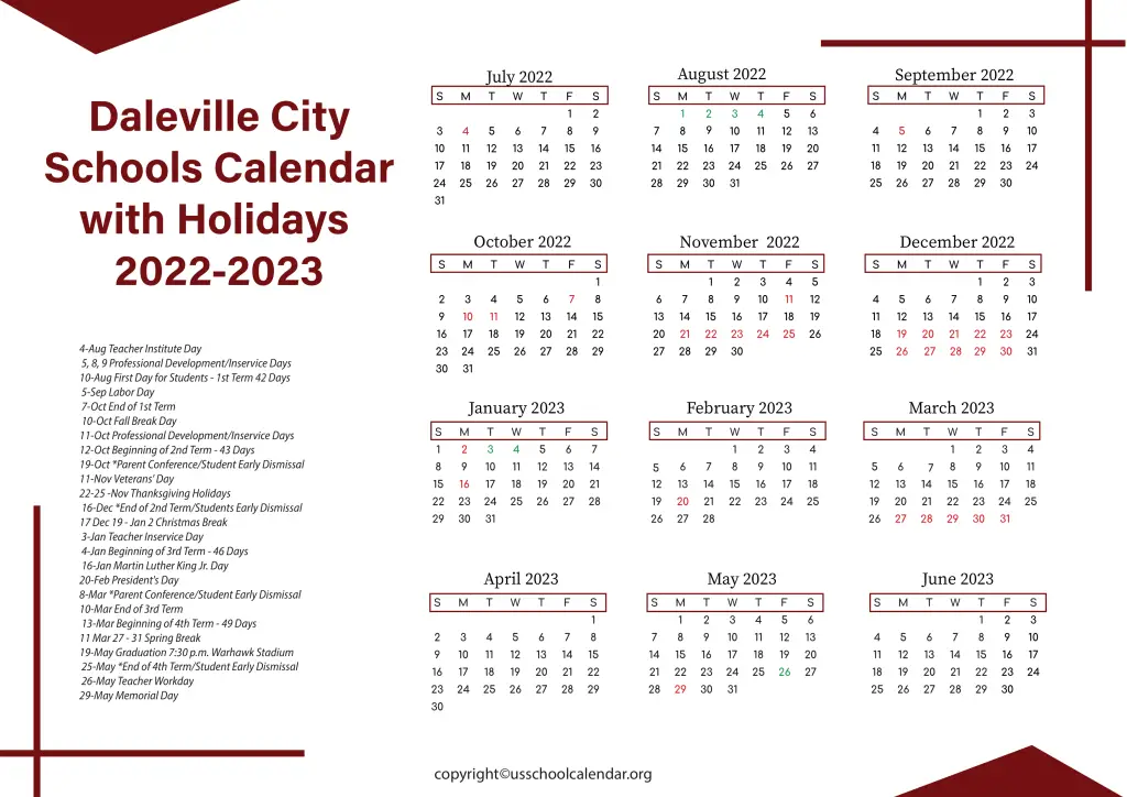 Daleville City Schools Calendar with Holidays 2022-2023