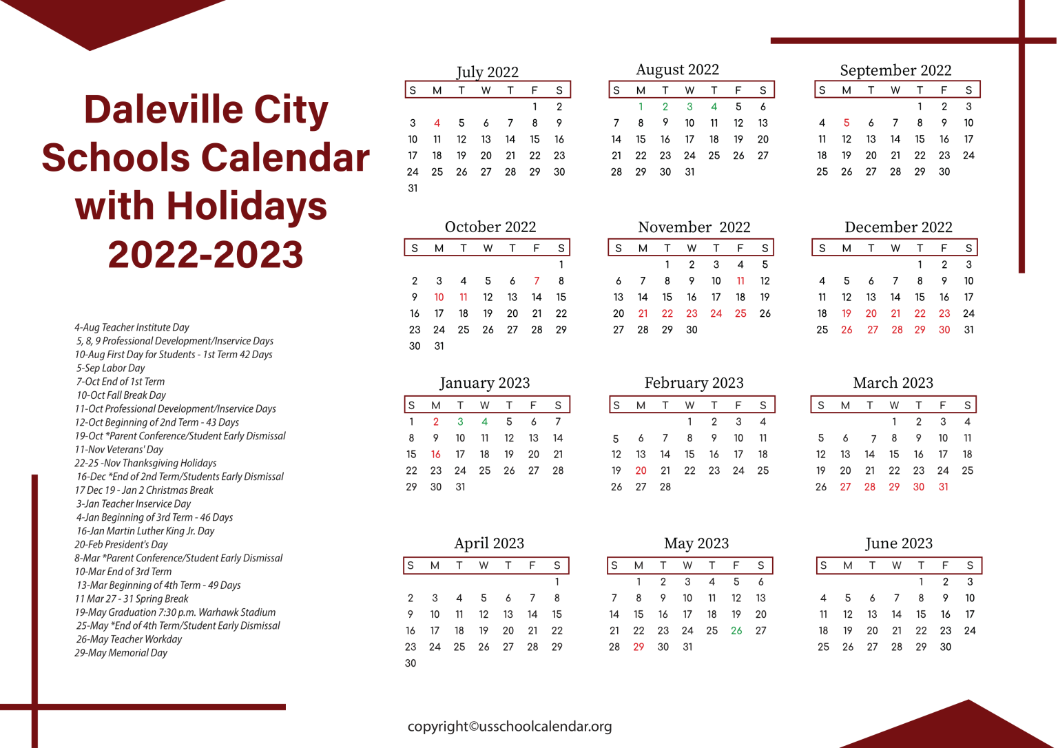 Daleville City Schools Calendar with Holidays 2023