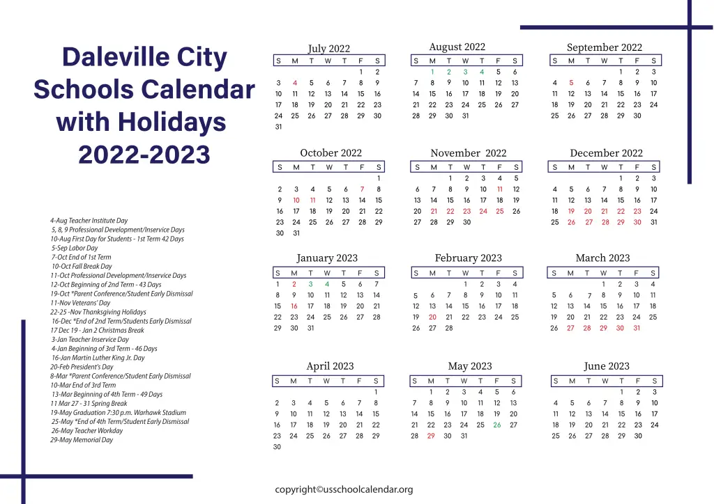 Daleville City Schools Calendar with Holidays 2022-2023 2