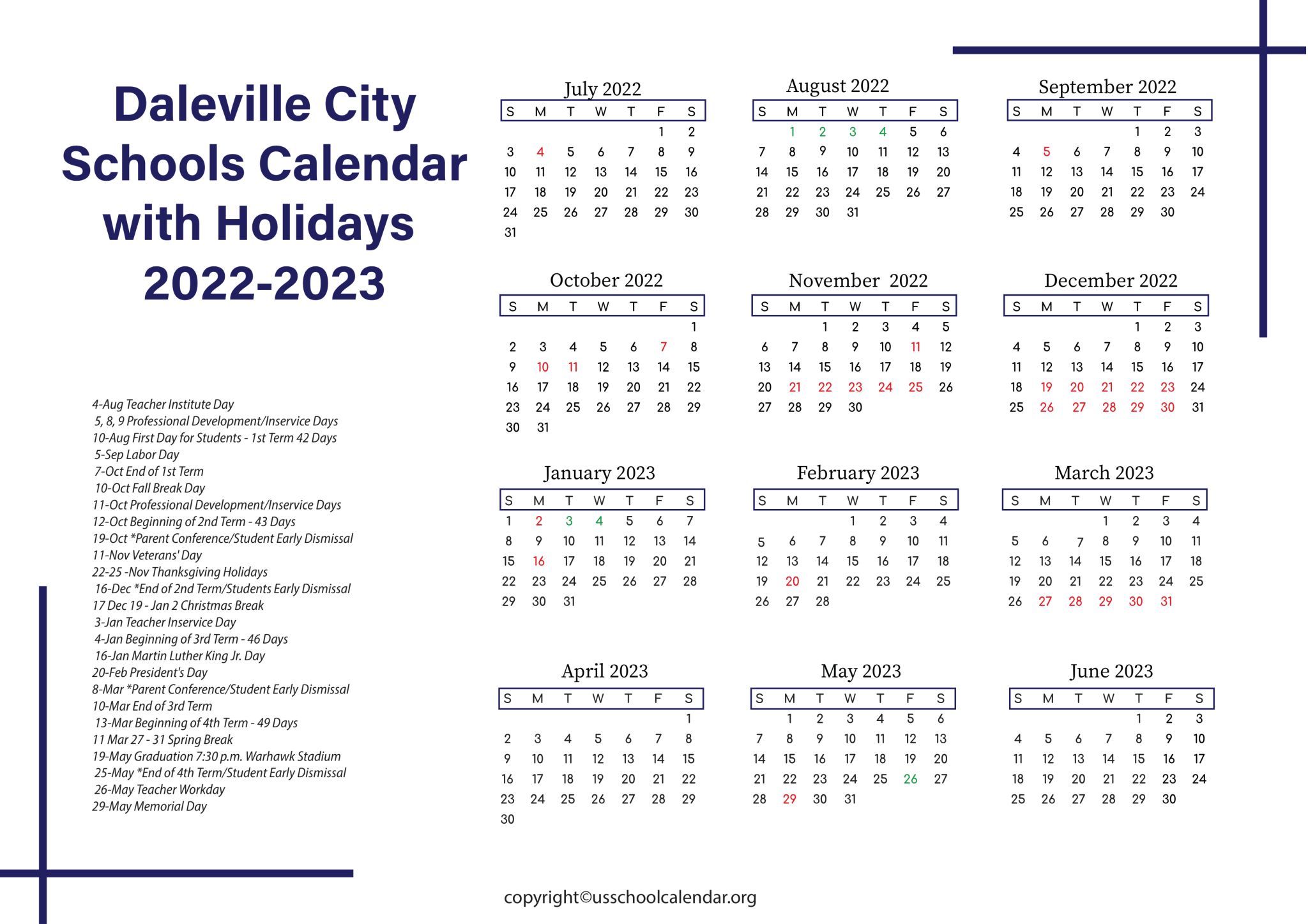 Daleville City Schools Calendar with Holidays 2023