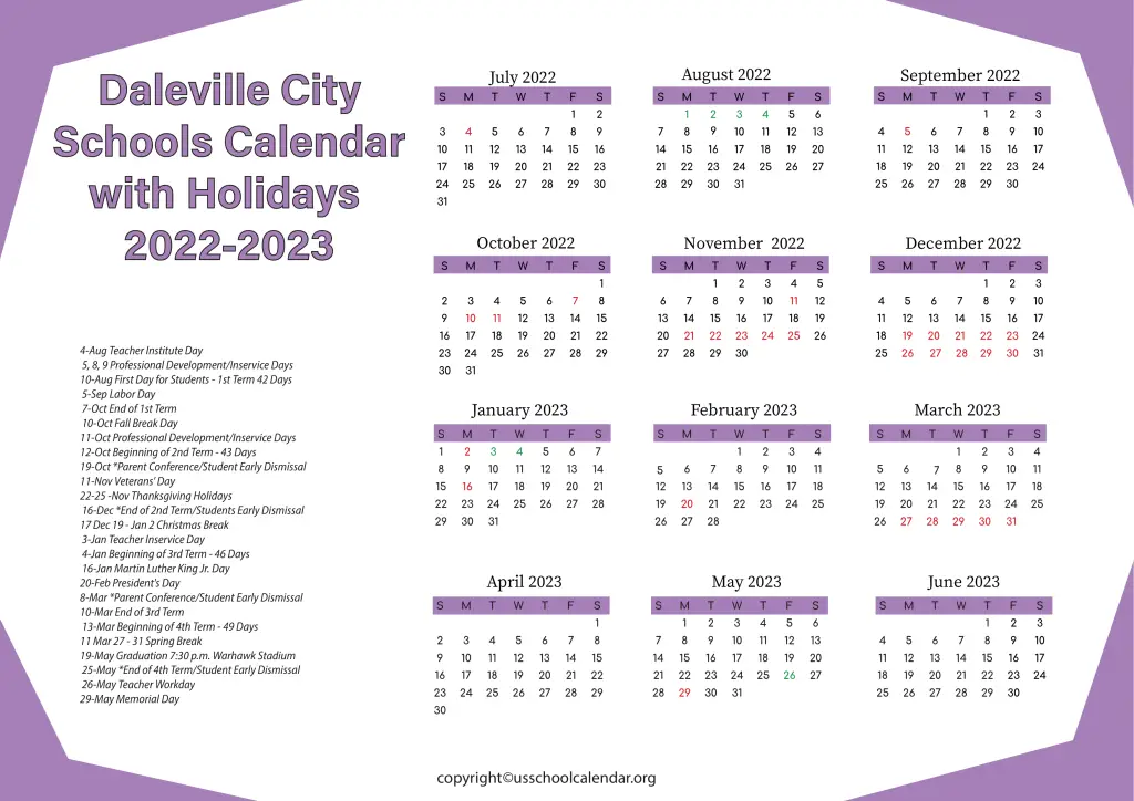 Daleville City Schools Calendar with Holidays 2022-2023 3